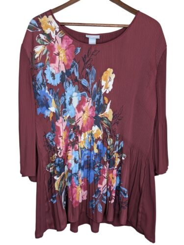 Catherines Womens Floral Tunic Blouse Top Plus Size 1X 18W 20W Burgundy Pleated