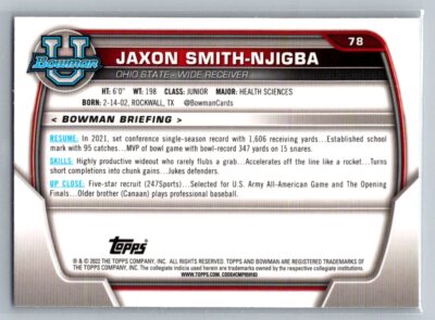 2022 Bowman University Chrome #78 Jaxon Smith-Njigba Ohio State