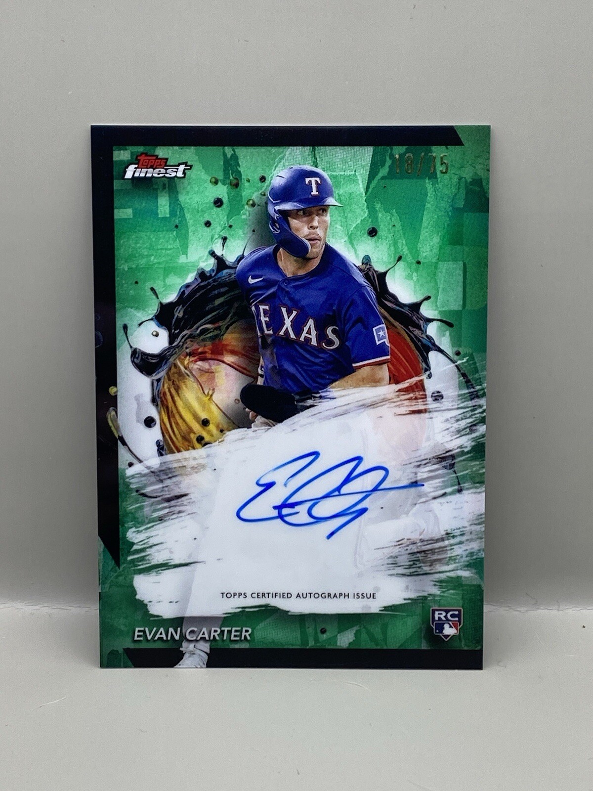 2024 Topps Finest - Evan Carter (RC) Green Refractor Autograph #18/75 Rangers