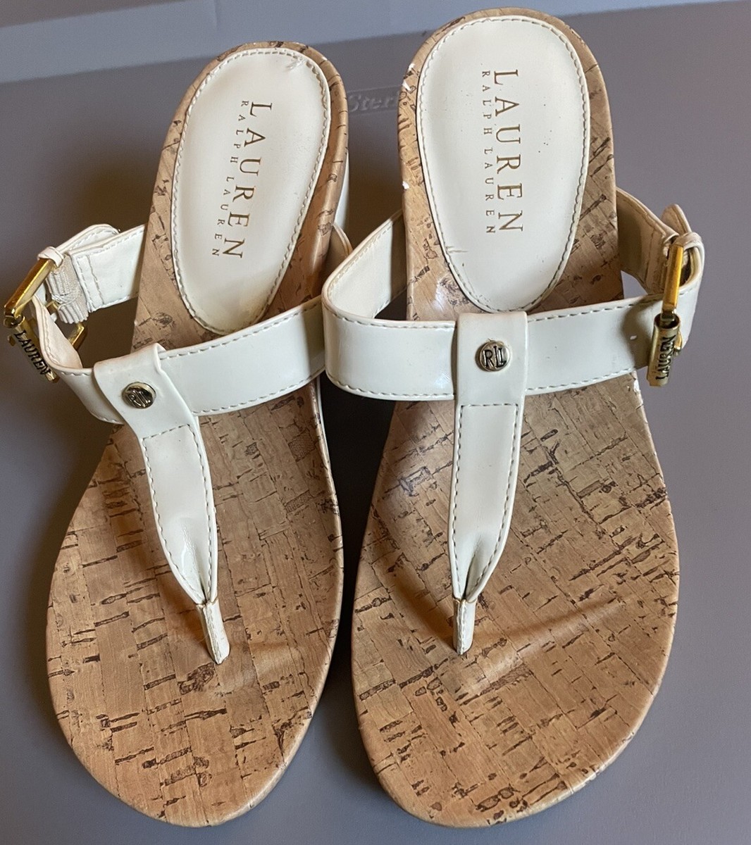 Lauren Ralph Lauren Off White Patent Leather T Strap Sandal Wedge