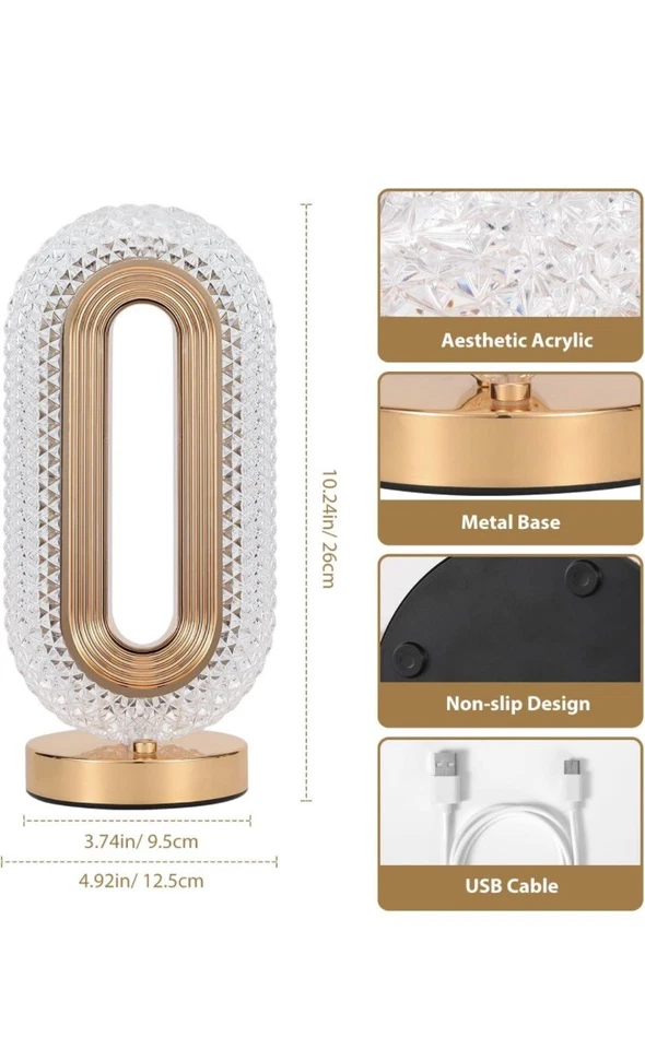 Moderna lámpara de mesa de cristal recargable USB ovalada de lujo sala dormitorio cama Foto 4 de 4