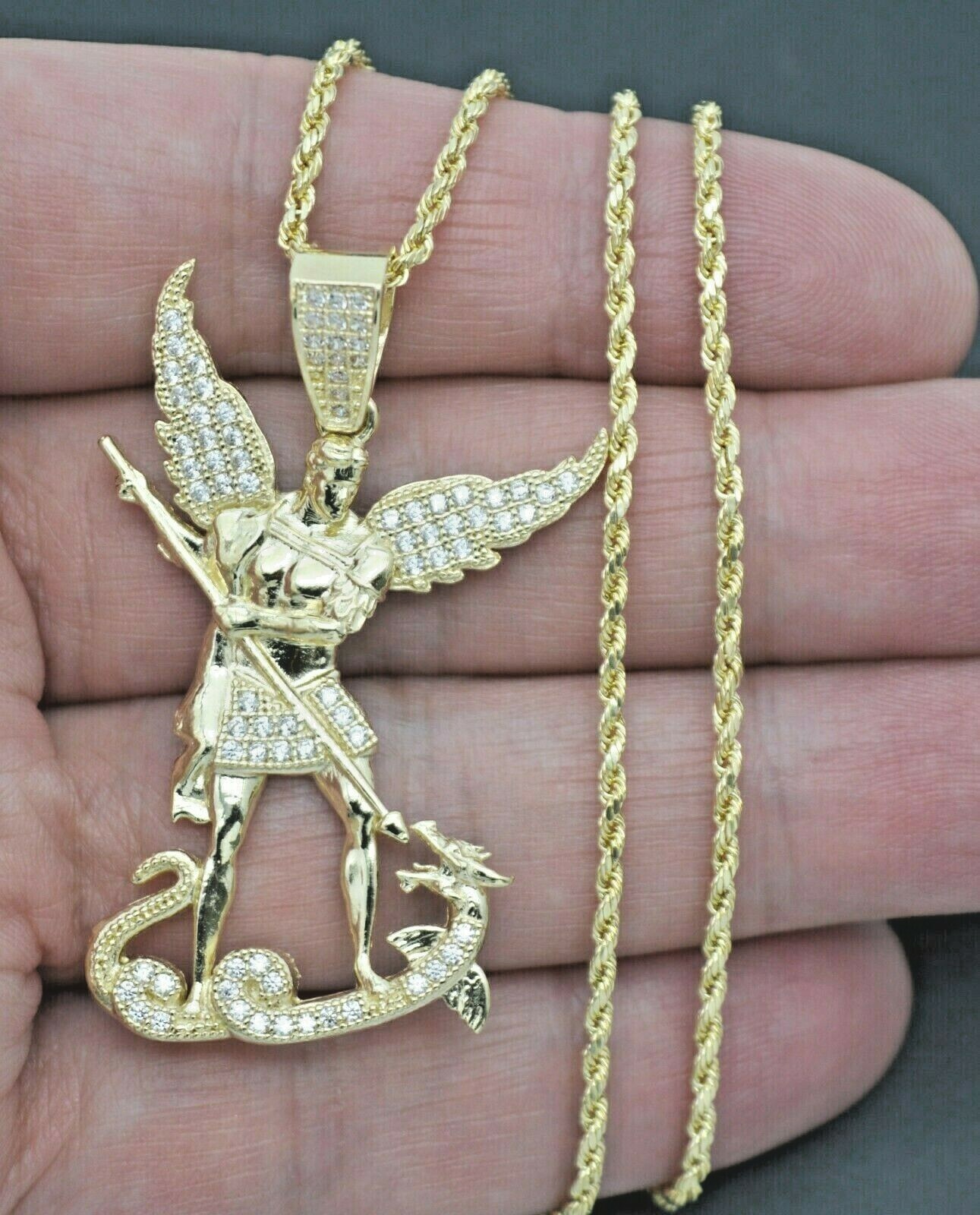 Real 10K Yellow Gold Saint Michael The Archangel pendant +Chain 16