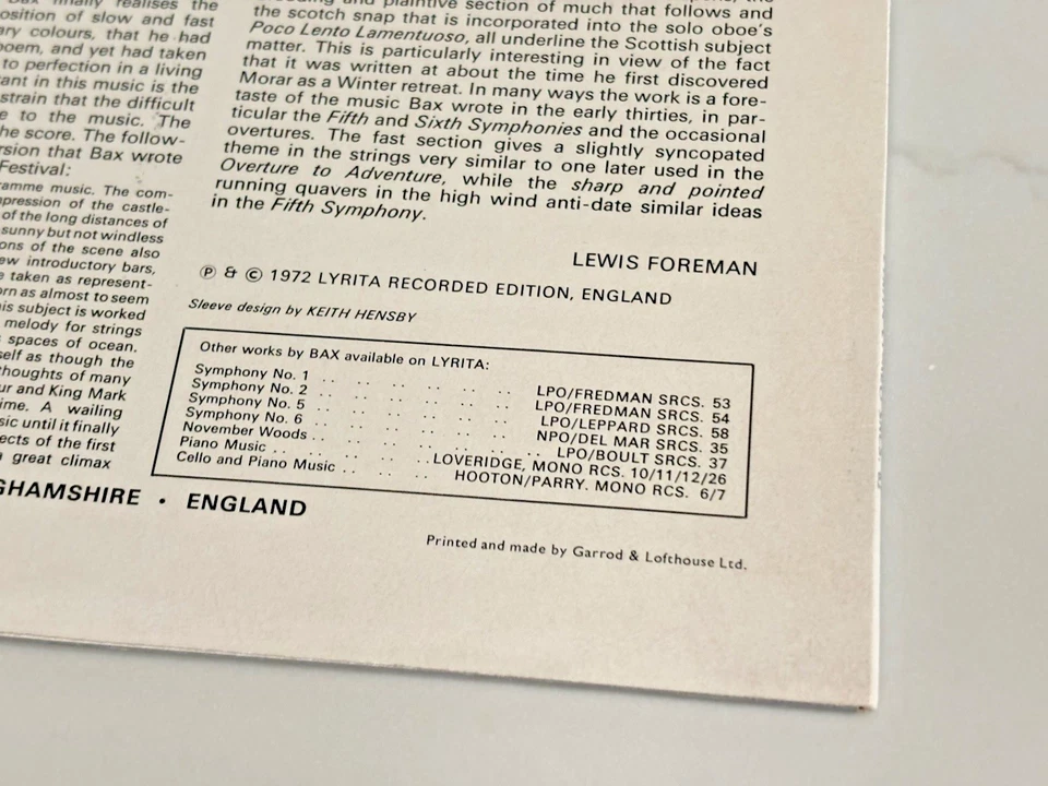 SIR ADRIAN BOULT "Bax The Garden of Fand" 1972 Mint UK Stereo LP Lyrita SRCS. 62 - Image 3 of 4