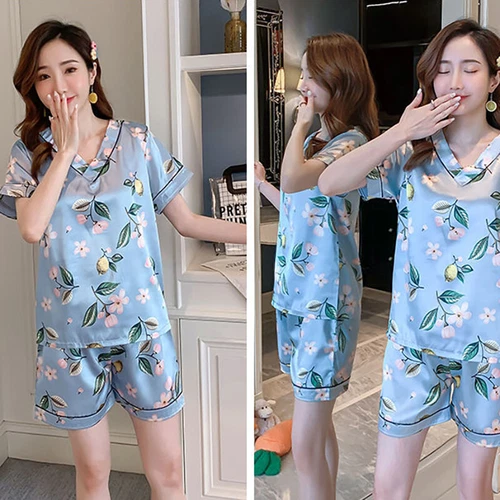 Damen Seide Satin Pyjama Set Kurzarm Nachtwäsche V-Ausschnitt Homewear 2-teilig Pyjama - Bild 26 von 60