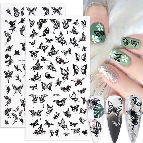 Black White Nail Stickers Butterfly Flower Crown Pattern Adhesive Decal