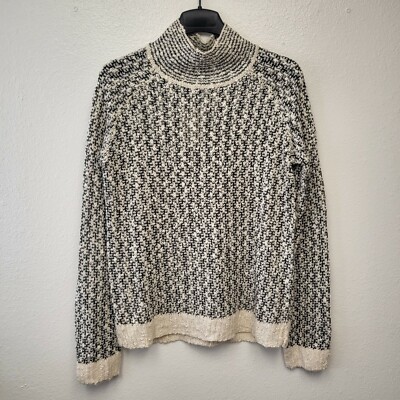 Hem & Thread Open Knit Turtleneck Sweater Womens L White Black Sheer Stretch Top