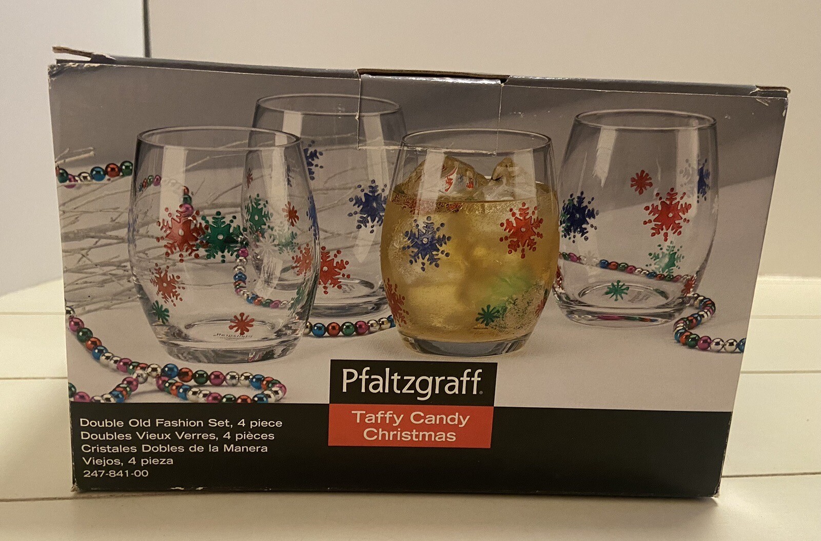 4 Pfaltzgraff Taffy Candy Christmas Double Old Fashion Glasses 2006 247-841-00