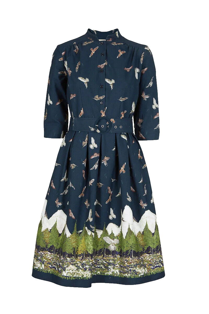 NWT Palava Cynthia in Navy Birds of Prey Belted Cotton Shirt Dress