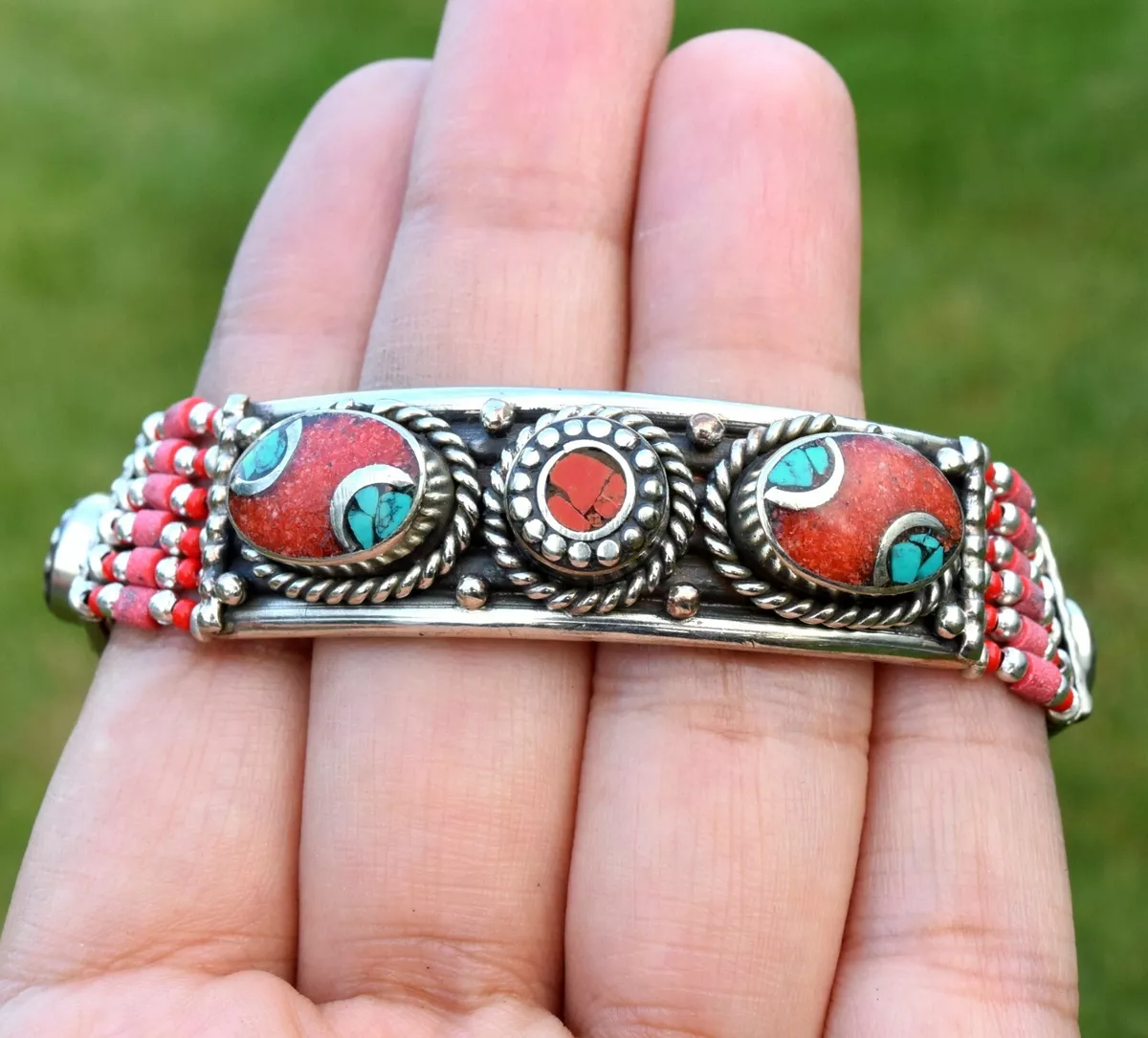 Tibetan Silver Bracelet Turquoise Coral Jewelry Nepal Gypsy Boho