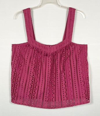 Sundance Tank Top Womens XL Hot Pink Embroidered Eyelet Pom Pom Trim Boho NWT