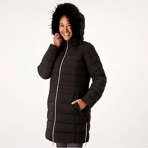 Nuage Stretch Removable Faux Fur Trim Hood Puffer Coat Size: Large Petite
