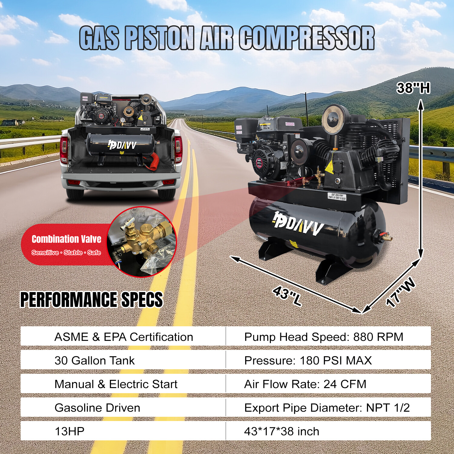 13HP Horizontal Gas-Powered Air Compressor 420CC Engine 30Gal Tank 180Psi 24Cfm