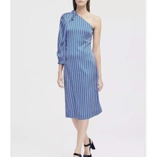 New Banana Republic Women's One-Shoulder Stripe Bow Midi Dress size 10 Blue/Whit