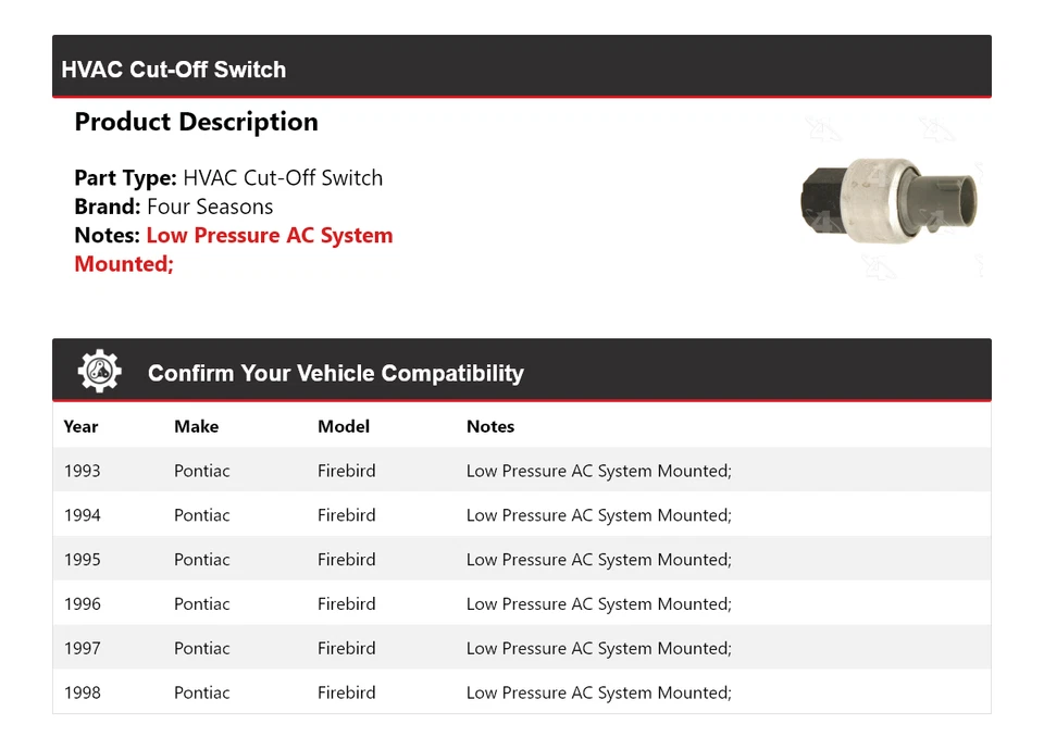 For 1993-1998 Pontiac Firebird HVAC Cut-Off Switch 4 Seasons 1994 1995 1996 1997 - Image 2 of 4