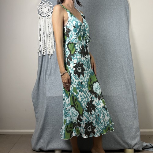 Womens Y2K Maxi Dress Size M 10 12 Floral Blue Green Midi Sleeveless Hippie Boho - Picture 2 of 15