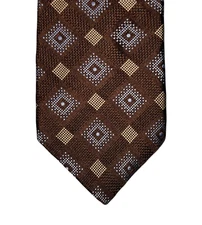 Ike Behar New York Necktie Tie Mens Brown Blue Gold Geometric Silk Hand Made USA