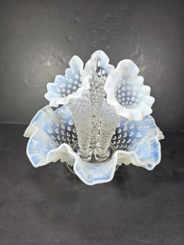 Fenton Glass White  Opalescent Hobnail Epergne 3 Horn Trumpet Ruffled Vase