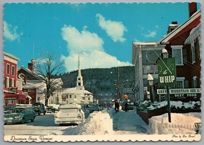 Stowe Vermont Ski Capital Downtown Winter Green Mountain Inn Whip Inn c1970 PC