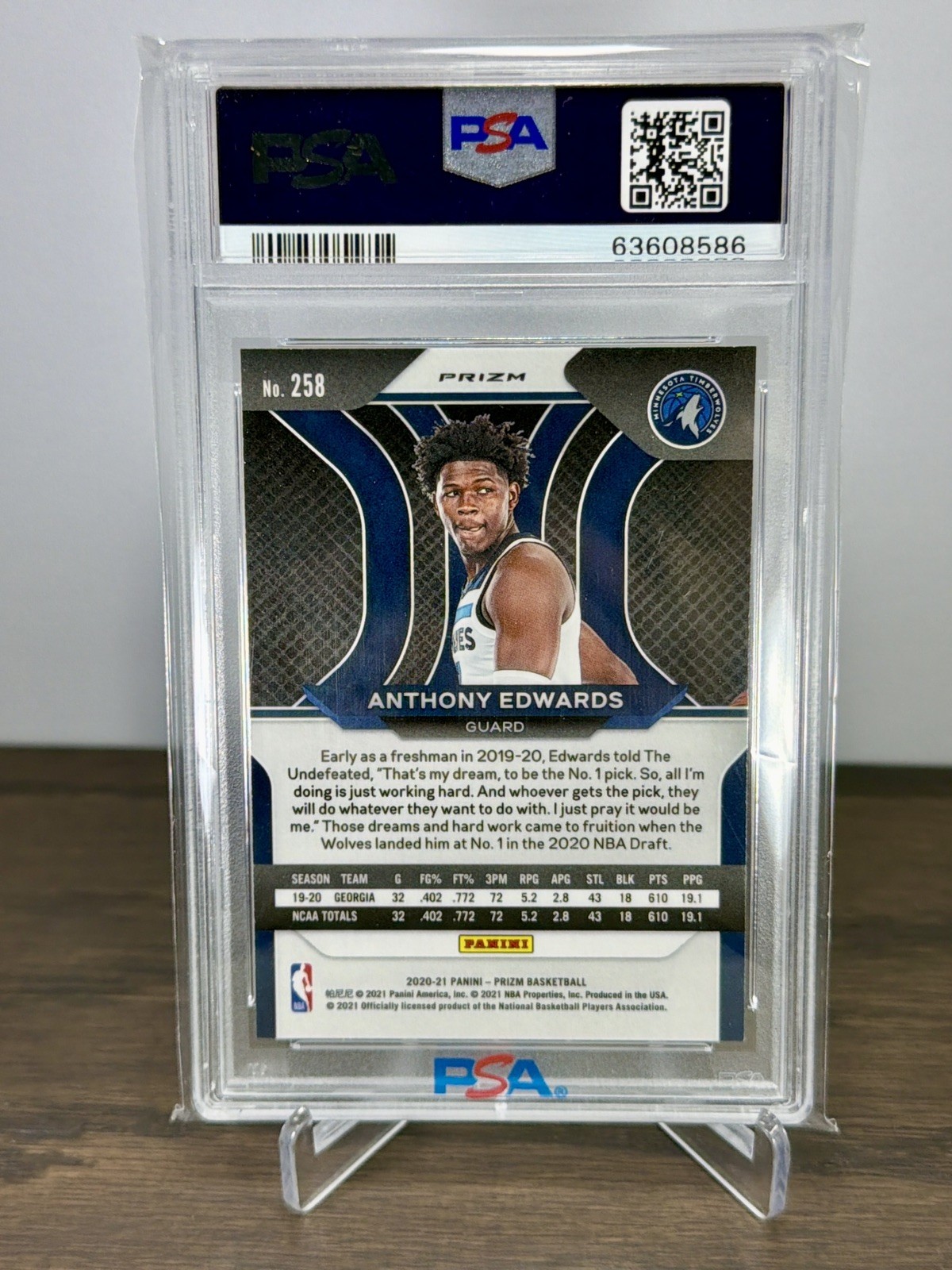 2020 Panini Prizm ANTHONY EDWARDS Rookie RC #258 Green Prizm Timberwolves PSA 10 view 2