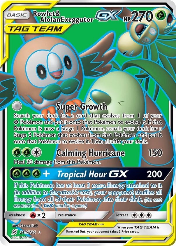 Rowlet & Alolan Exeggutor GX - 214/236 - Pokemon Unified Minds Full Art Card NM