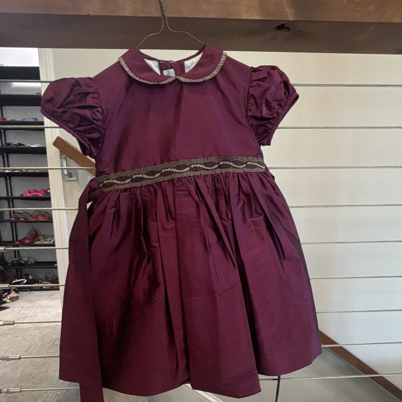 Papo d'Anjo Girls Burgundy Fit & Flare Puff Sleeve Collared Button Dress 5Y