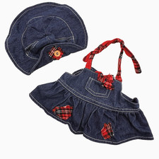 Build A Bear Rare Vintage Pinafore Denim Red Plaid Jean Dress Hat Teddy Outfit