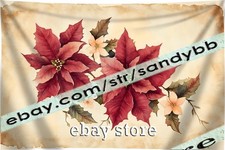 Rustic Poinsettia Trio Tapestry Cozy Holiday Wall Art fabric banner 59X82 in