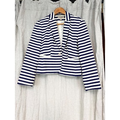 Sharagano Noir Womens Blue White Striped Single Button Blazer Jacket Size 8