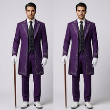 Purple Men's Suit Embroidery Wedding Groom Tuxedo Evening Party Wear Long Coat