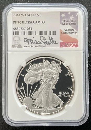 2014W American Eagle PF70 Ultra Cameo Mike Castle Signed Silver 1oz Coin West Pt