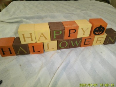 WOODEN DECORATIVE BLOCKS HAPPY HALLOWEEN FALL COLORS ORANGE BROWN YELLOW
