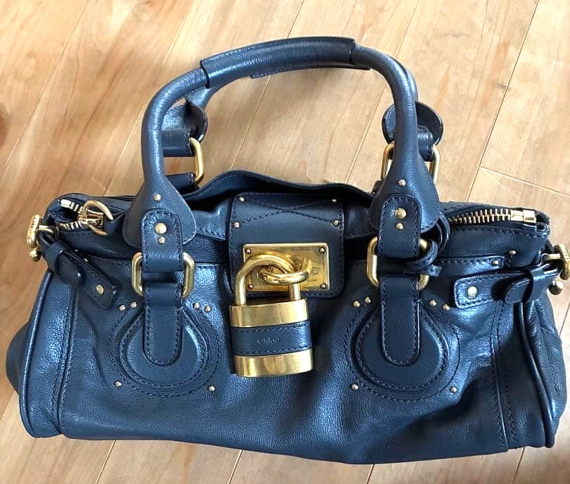 CHLOE Paddington Cadena Padlock Key Boston Bag Hand Bag Blue