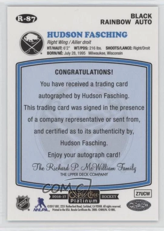 2016-17 O-Pee-Chee Platinum Retro Black Rainbow Hudson Fasching Rookie Auto RC - Image 2 of 2