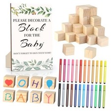 Baby Shower Games Sign Kit with 50 Blank Wooden Baby Blocks, 24 Acrylic A Green