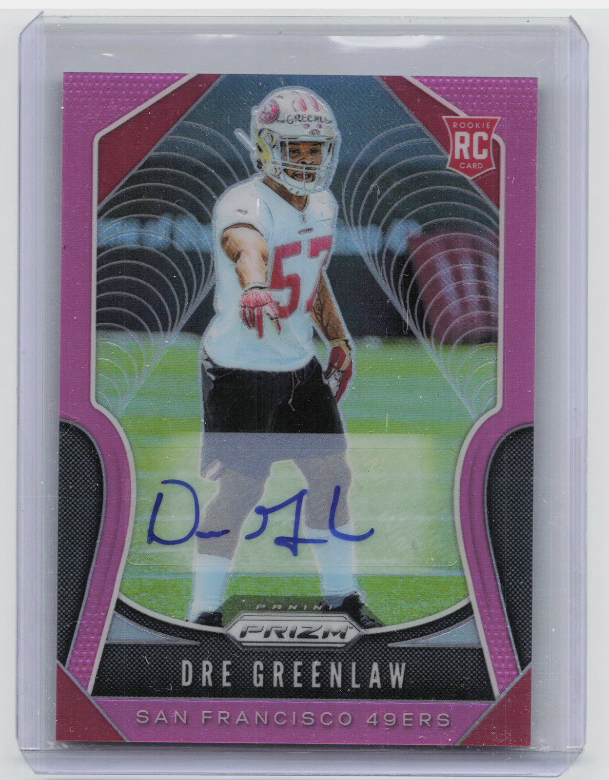2019 Panini Prizm #384 Dre Greenlaw Rookie Autographs Prizm Pink