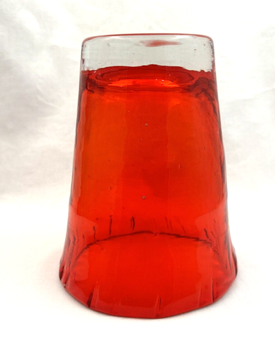 Blown Glass Red Orange Amber Sunset Vase Crimped Top Edge Clear Base 5.75” Tall - Picture 5 of 5