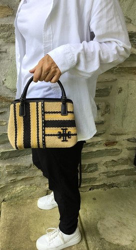 NWOT Tory Burch McGraw Black/Natural Linen Stripe Mini Satchel MSRP $378 - Picture 4 of 21