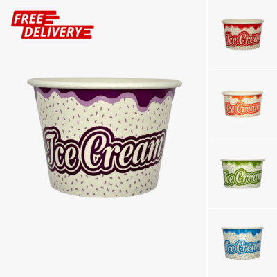 Bedruckte Papier Eisbecher | Desserttöpfe & Deckel | 3,5 Unzen, 5 Unzen, 8 Unzen, 10 Unzen, 16 Unzen