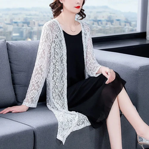 Women Lace Kimono Cardigan Sheer Floral Midi Shawl Jacket Open Front Robe - Picture 7 of 21