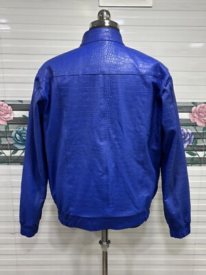 Men's Blue Real Leather Croc Embossed Jacket Bomber Biker Luxury