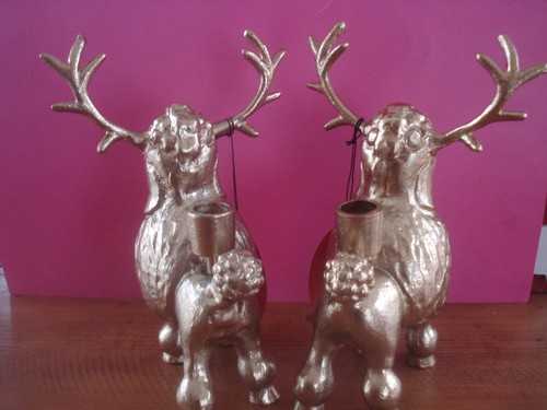 CHRISTMAS CANDLESTICK HOLDER POODLE DOG REINDEER WHIMSICAL VINTAGE STYLE NEW - Picture 4 of 5