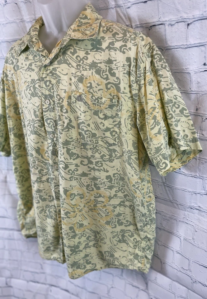 Camisa Aigle Para Hombre Talla XL VERDE AMARILLO Floral Tropical Manga Corta Botón Top Foto 3 de 4