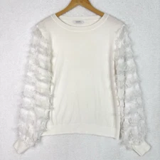Sioni Milano Fringe Trim Sweater Womens Sz Medium M White Lightweight Wool Blend