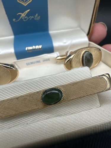 Vintage Swank Beaux Arts Genuine Jade Cuff Links & Tie Bar Set In Original Box - Picture 3 of 3