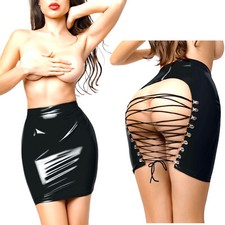 MiniGonna Aderente Nera PVC WetLook Con Sexy Apertura Stringata Sui Glutei -XL-