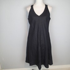 Eileen Fisher Black Organic Linen Sleeveless V Neck Midi Dress SZ s/p