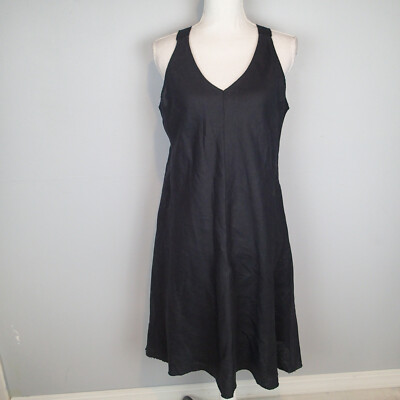 Eileen Fisher Black Organic Linen Sleeveless V Neck Midi Dress SZ s/p | eBay