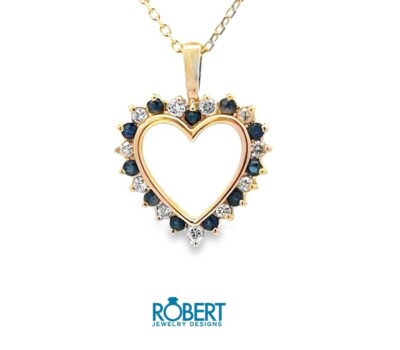 Natural Diamonds and Sapphires  Heart in 14k Yellow Gold