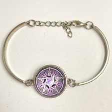 Vintage 90s Pentagram Star Bracelet Purple Glass Silver Tone Bangle Mystical Y2K