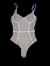 Superdown Women's Beige Bodysuit White Trim Zip Front Adjustable Straps XS